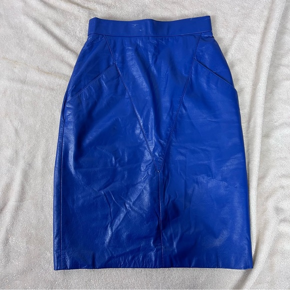 RETRO vintage Wilson's cobalt blue leather pencil skirt 80's size XS POCKETS - Picture 8 of 9